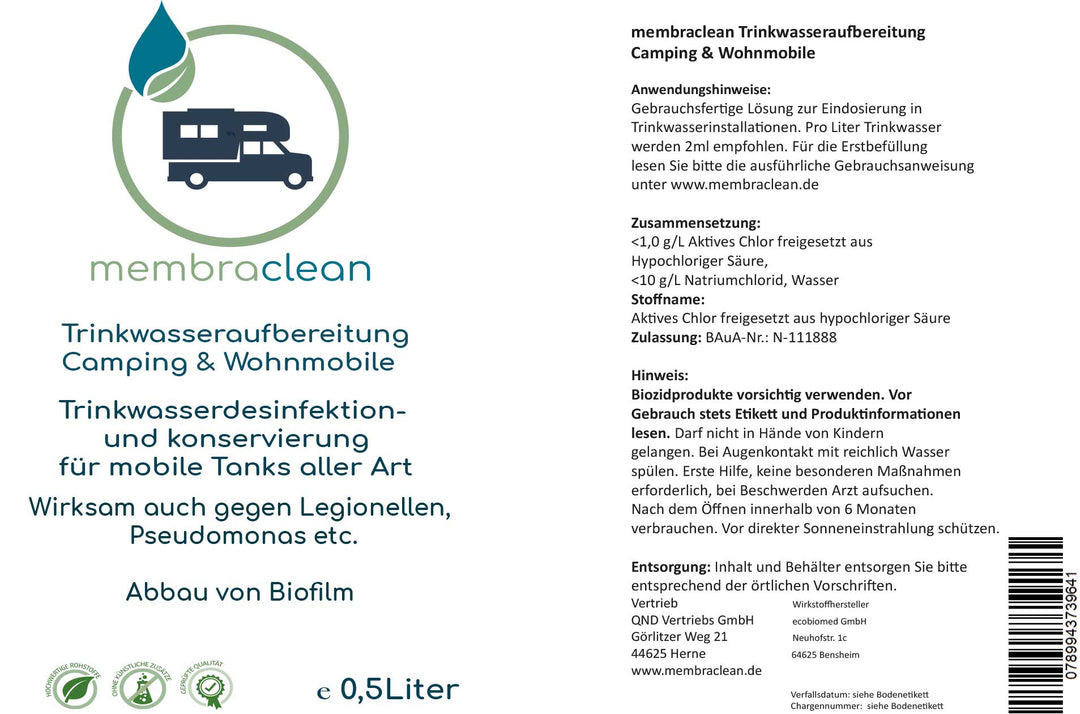4x 0,5 Liter membraclean Trinkwasseraufbereitung Camping & Wohnmobile inkl. Befüllset