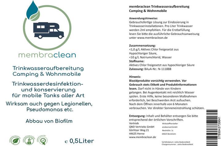 4x 0,5 Liter membraclean Trinkwasseraufbereitung Camping & Wohnmobile inkl. Befüllset