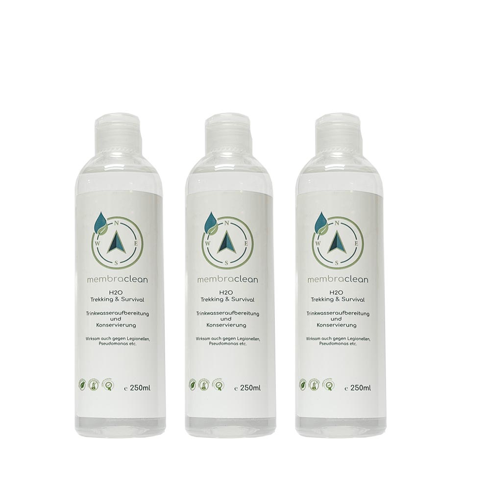 3x 250ml membraclean H2O Trekking & Survival zur Trinkwasseraufbereitung - membraclean-shop.de