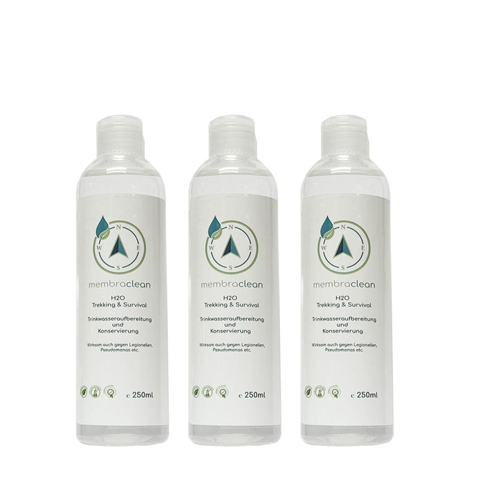 3x 250ml membraclean H2O Trekking & Survival zur Trinkwasseraufbereitung - membraclean-shop.de