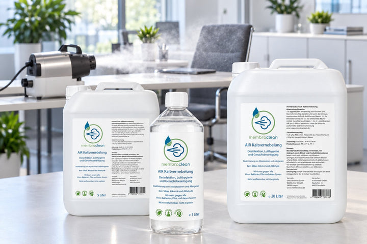 membraclean AIR Kaltvernebelung in 1, 5 und 20 Liter Gebinden mit Kaltvernebelungsgerät zur Behandlung von Flächen und Gegenständen