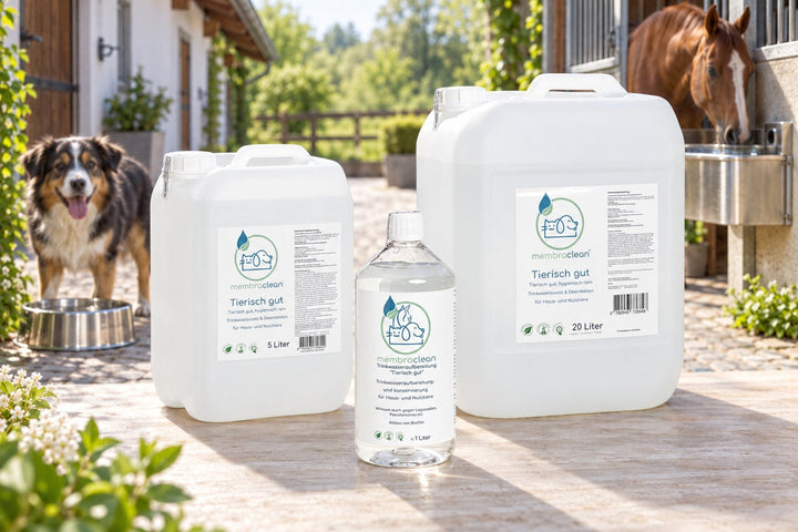 membraclean Tierisch gut Trinkwasseraufbereitung in 1, 5 und 20 Liter Gebinden mit Hund, Trinknapf, Pferd und Stalltränke