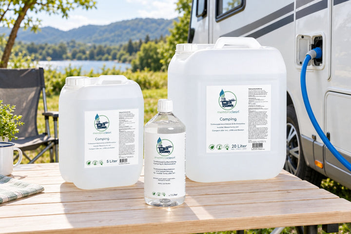 membraclean Trinkwasseraufbereitung Camping und Wohnmobile in 1, 5 und 20 Liter Gebinden vor einem Wohnmobil mit Frischwasseranschluss