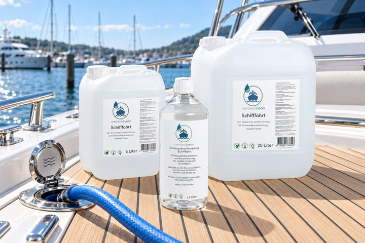 membraclean Trinkwasseraufbereitung Schifffahrt in 1, 5 und 20 Liter Gebinden auf einer Yacht mit Frischwasseranschluss und Trinkwasserschlauch