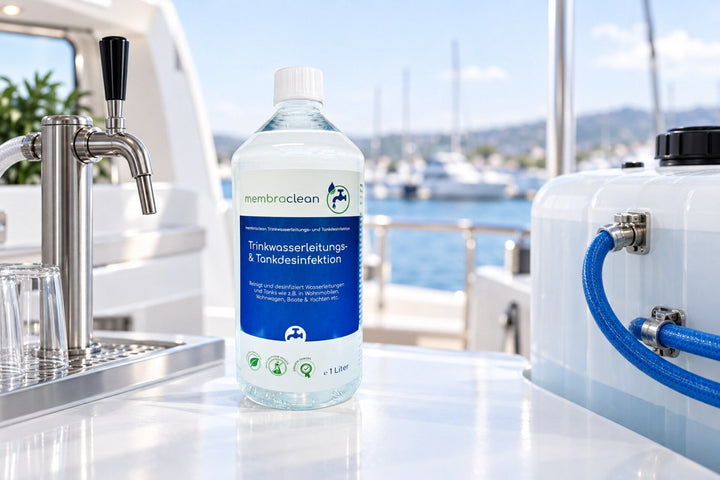 membraclean Trinkwasserleitungs- und Tankdesinfektion vor Schankanlage, Trinkwassertank und Leitungssystem auf einem Boot