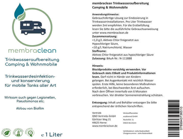 1 Liter membraclean Trinkwasseraufbereitung Camping & Wohnmobile - membraclean-shop.de