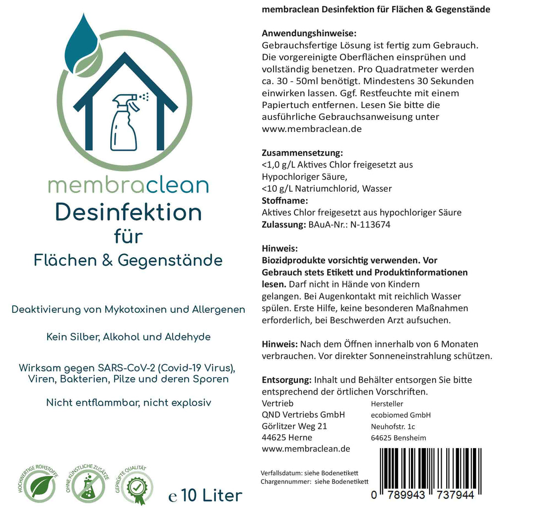 10 Liter membraclean Desinfektion für Flächen & Gegenstände + 6x Sprühflasche leer - membraclean - shop.de