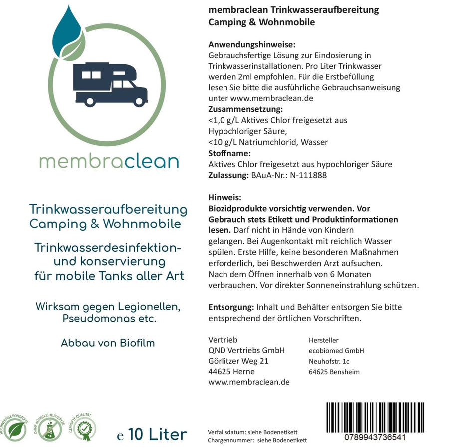 Etikett membraclean Trinkwasseraufbereitung für Camping und Wohnmobile 10 Liter