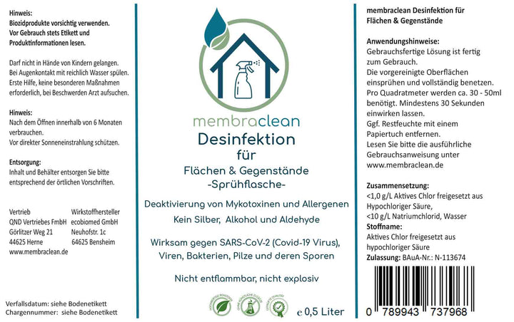 3 Liter + 2x 0,5 Liter membraclean Desinfektion für Flächen & Gegenstände - membraclean - shop.de