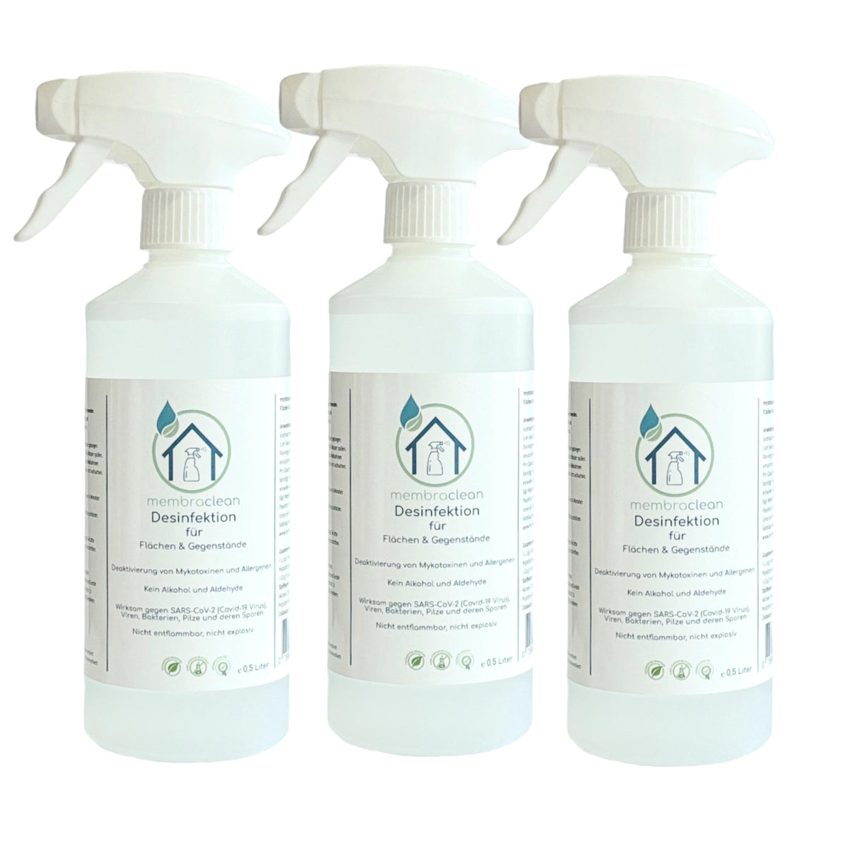 3x 0,5 Liter membraclean Desinfektion für Flächen & Gegenstände Sprühflasche