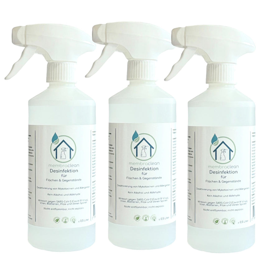 3x membraclean Desinfektion für Flächen & Gegenstände - 0,5 Liter Sprühflasche - membraclean-shop.de