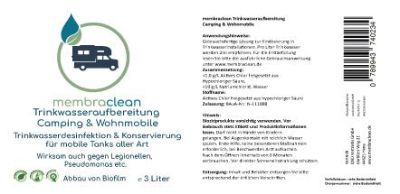 Etikett membraclean Trinkwasseraufbereitung für Camping und Wohnmobile 3 Liter