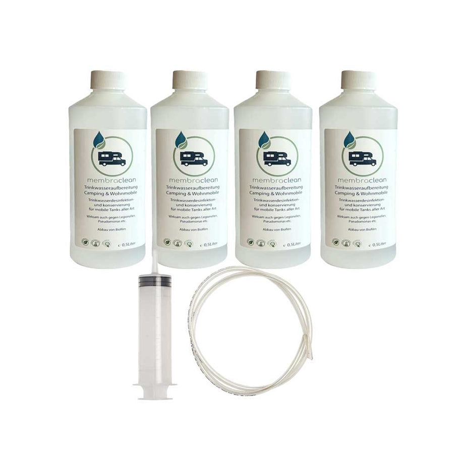 4x 0,5 Liter membraclean Trinkwasseraufbereitung Camping & Wohnmobile inkl. Befüllset - membraclean - shop.de