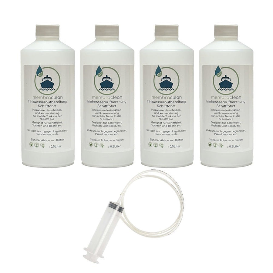 4x 0,5 Liter membraclean Trinkwasseraufbereitung Schifffahrt inkl. Befüllset - membraclean - shop.de