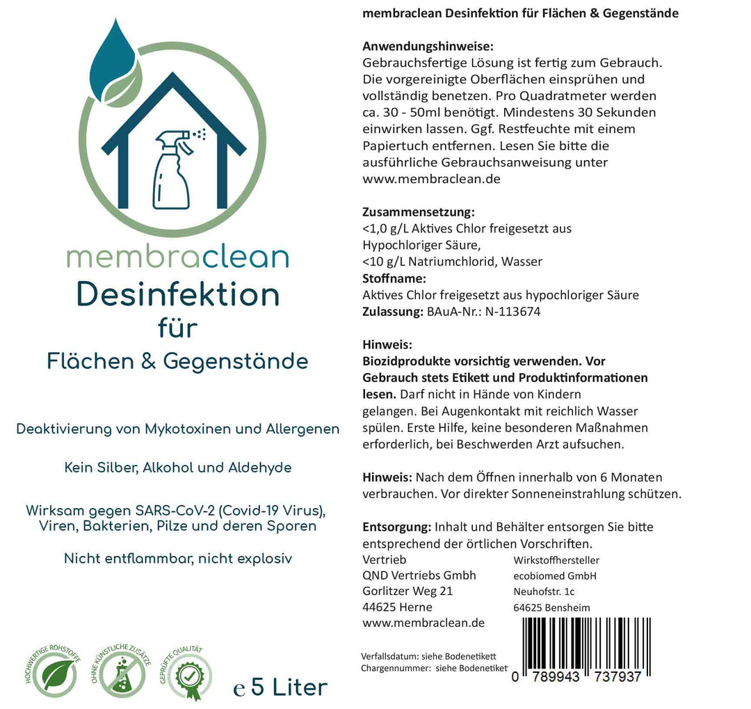 5 Liter + 4x 0,5 Liter membraclean Desinfektion für Flächen & Gegenstände - membraclean - shop.de