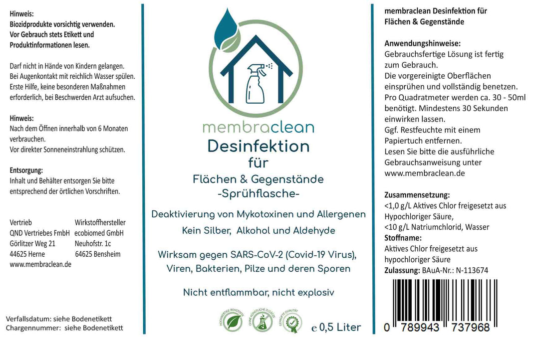 5 Liter + 4x 0,5 Liter membraclean Desinfektion für Flächen & Gegenstände - membraclean - shop.de