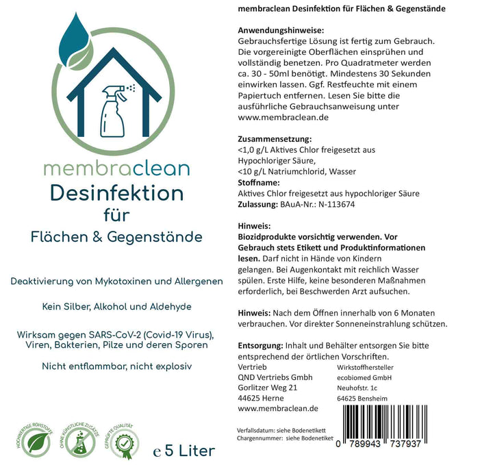 5 Liter membraclean Desinfektion für Flächen & Gegenstände + 3x Sprühflasche leer - membraclean - shop.de