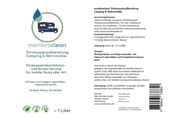 Etikett membraclean Trinkwasseraufbereitung für Camping und Wohnmobile 1 Liter