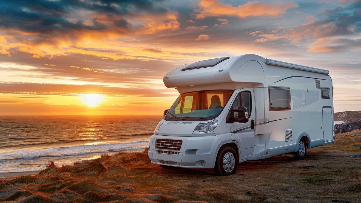 Ein Wohnmobil am Strand im Sonnenuntergang