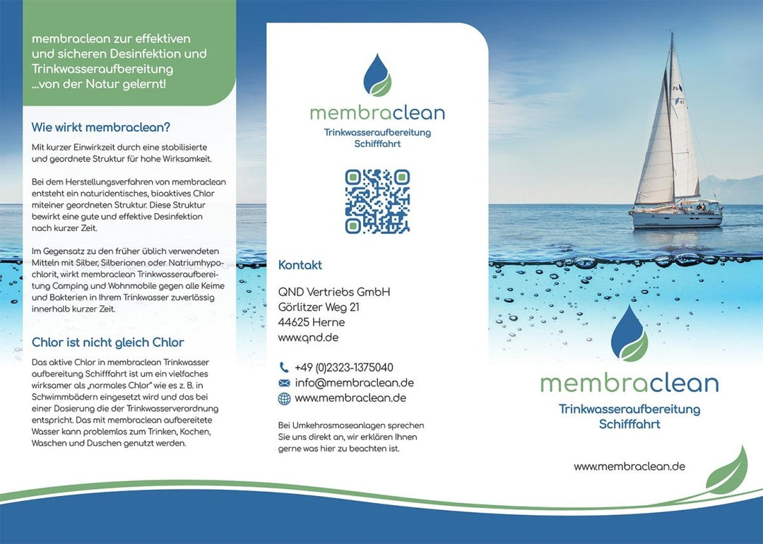 Kostenloser Flyer für membraclean Trinkwasseraufbereitung für Schifffahrt, Boote und Yachten - Außenseite