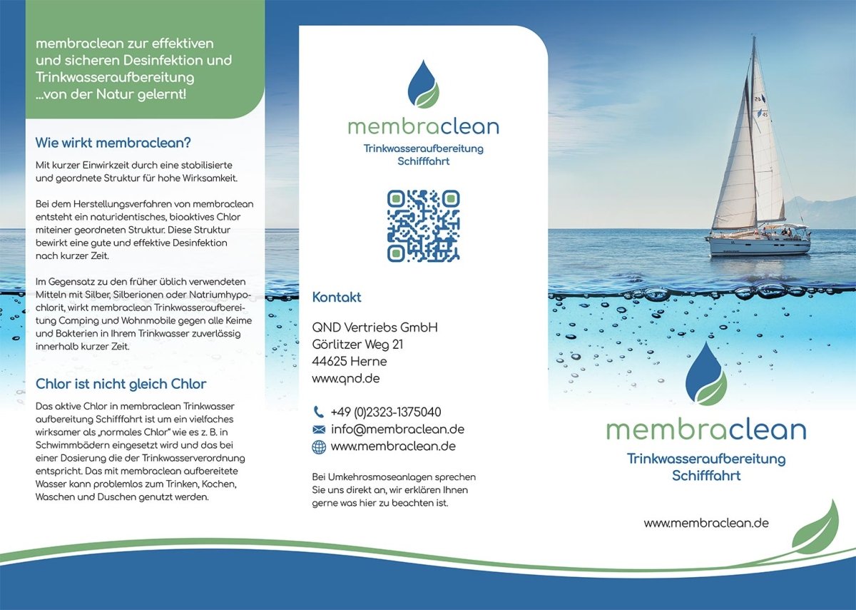 Kostenloser Flyer für membraclean Trinkwasseraufbereitung für Schifffahrt, Boote und Yachten - Außenseite
