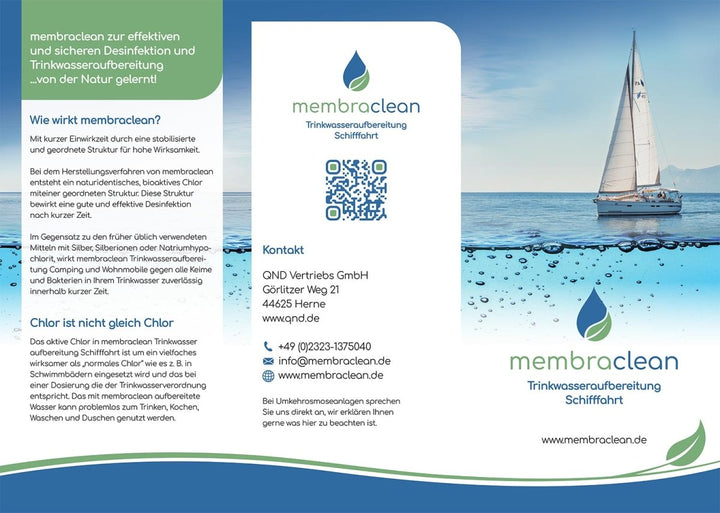Kostenloser Flyer für membraclean Trinkwasseraufbereitung für Schifffahrt, Boote und Yachten - Außenseite