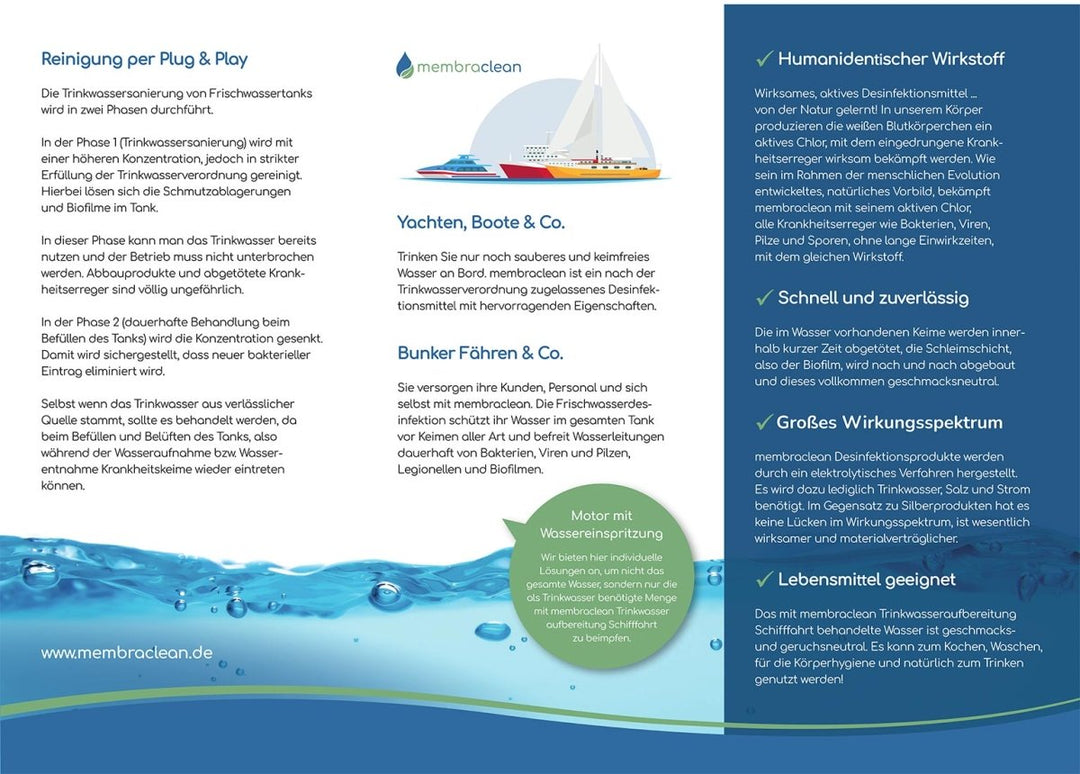 Kostenloser Flyer für membraclean Trinkwasseraufbereitung für Schifffahrt, Boote und Yachten - Innenseite