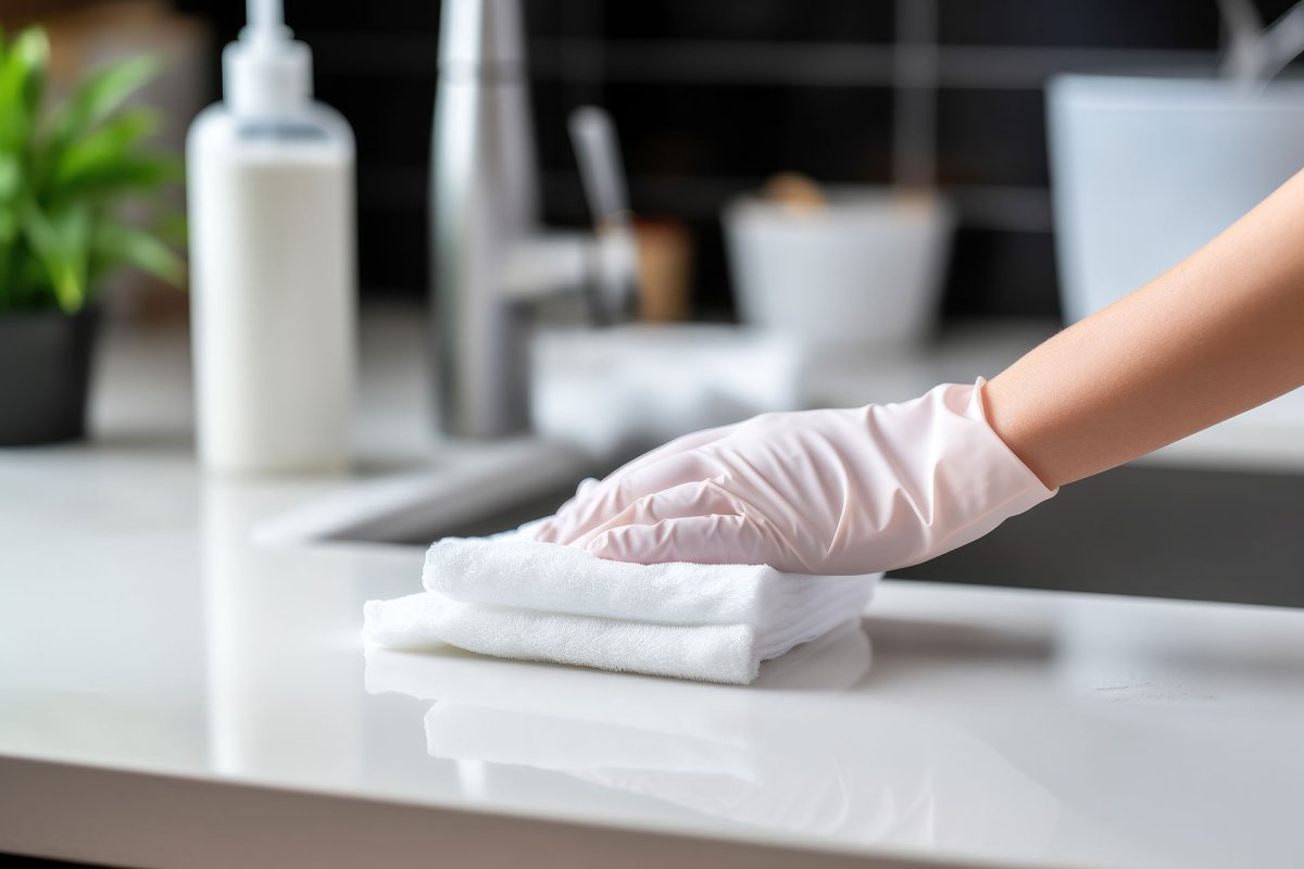 Reinigung einer Badezimmeroberfläche als Beispiel für gezielte Flächenhygiene bei Norovirus