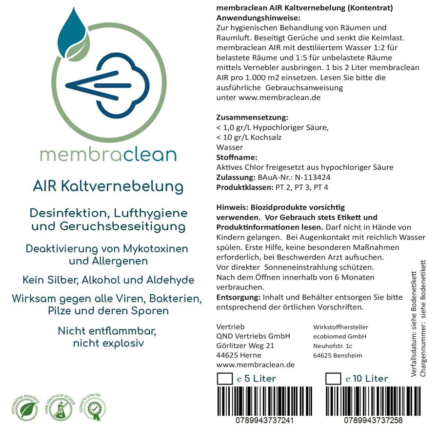 Etikett membraclean AIR Kaltvernebelung 5 und 10 Liter