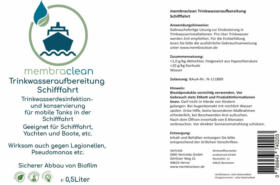 Etikett membraclean Trinkwasseraufbereitung Schifffahrt, Boote & Yachten 0,5 Liter