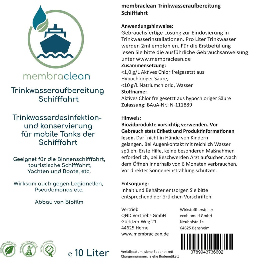 Etikett membraclean Trinkwasseraufbereitung Schifffahrt, Boote & Yachten 10 Liter