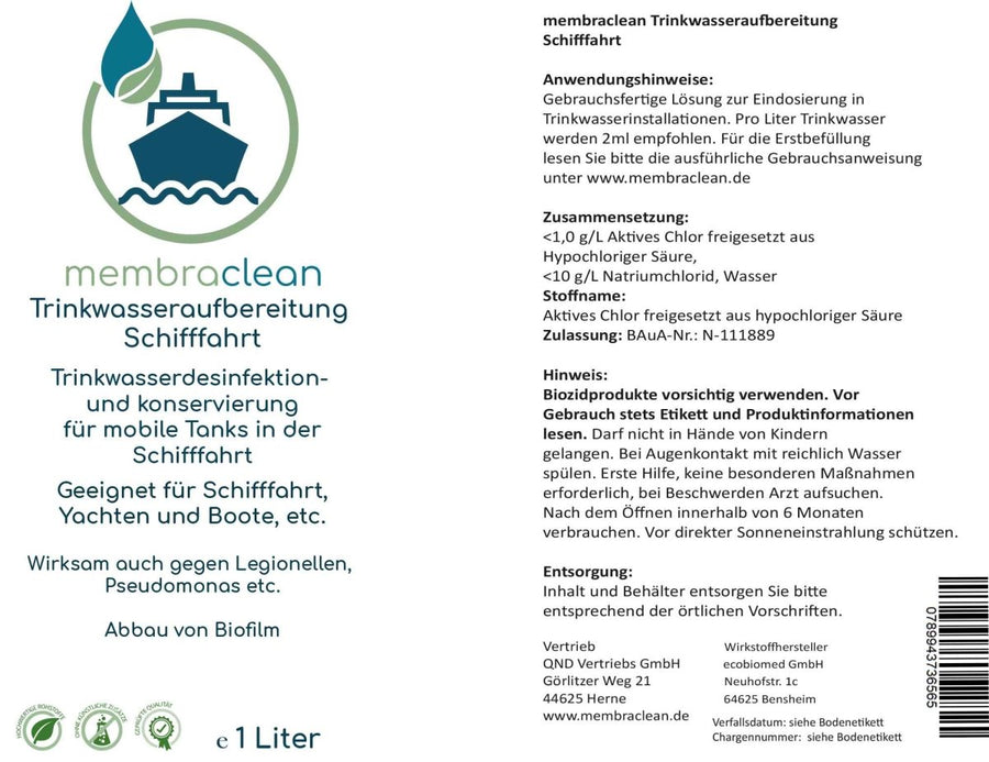 Etikett membraclean Trinkwasseraufbereitung Schifffahrt, Boote & Yachten 1 Liter