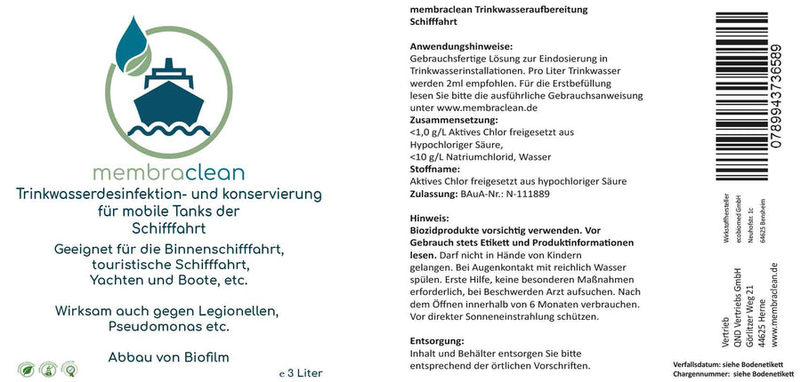 Etikett membraclean Trinkwasseraufbereitung Schifffahrt, Boote & Yachten 3 Liter