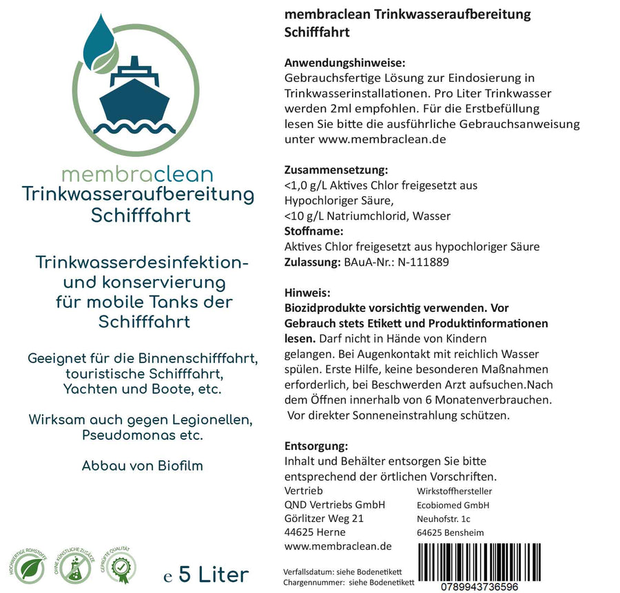 Etikett membraclean Trinkwasseraufbereitung Schifffahrt, Boote & Yachten 5 Liter