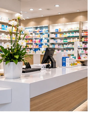 Moderne Apotheke mit Beratungsbereich und hygienisch gepflegten Kontaktflächen