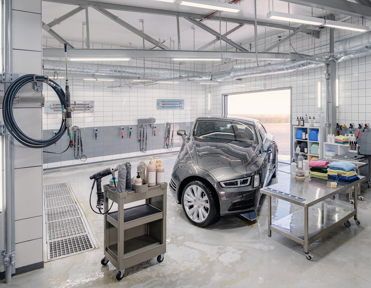 Professionelle Autowaschanlage und Fahrzeugaufbereitung mit Arbeitsplätzen und Serviceflächen