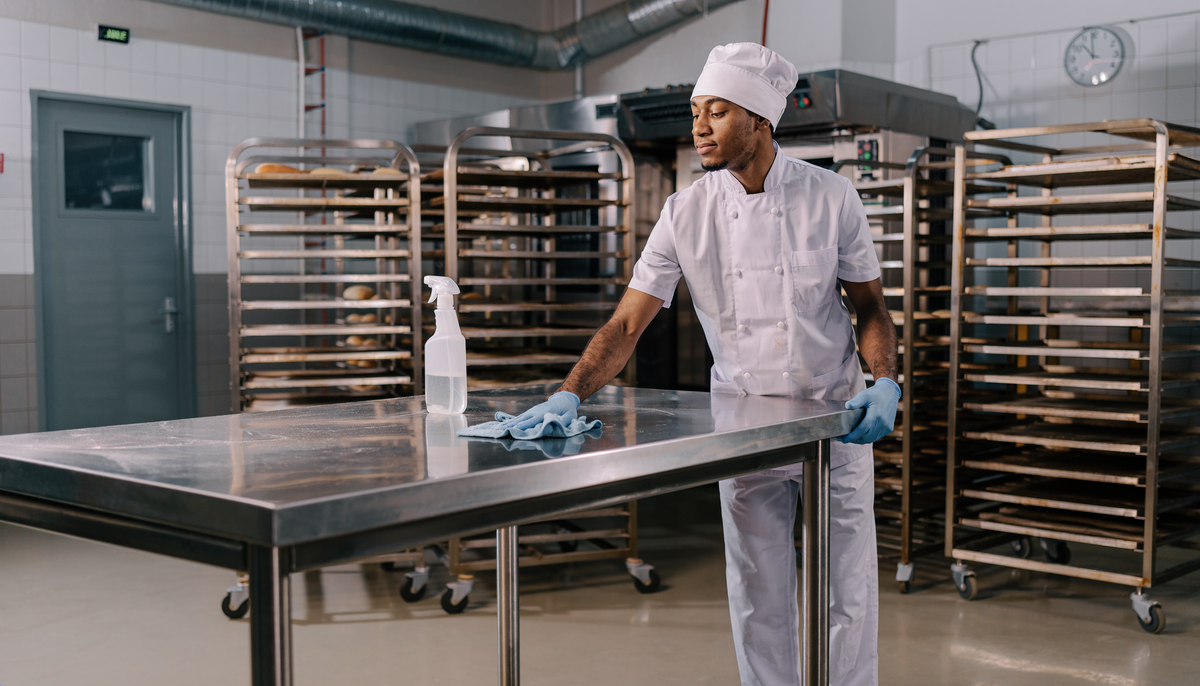 Bäcker reinigt eine leere Edelstahl-Arbeitsfläche in einer Backstube zwischen Produktionsgängen