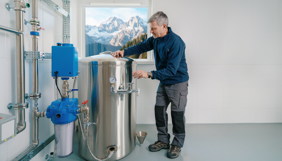 Hüttenbetreiber kontrolliert Quellwasser, Speicher und Probenahmestelle einer alpinen Trinkwasserversorgung