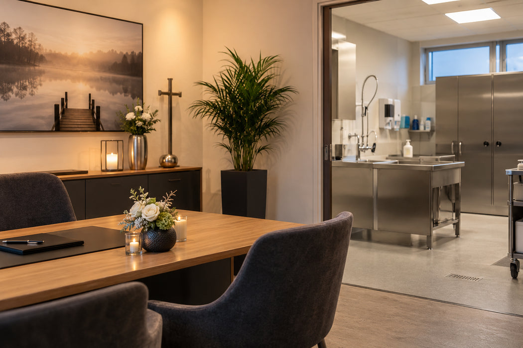 Bestattungsinstitut mit Beratungsraum und hygienisch ausgestatteter Arbeitszone