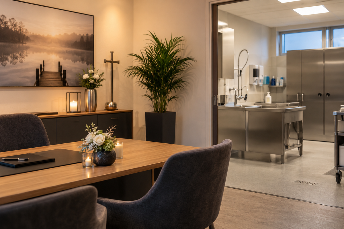Bestattungsinstitut mit Beratungsraum und hygienisch ausgestatteter Arbeitszone