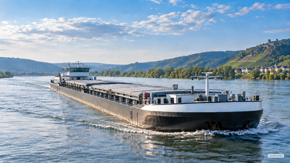 Gewerbliches Binnenschiff auf einem Fluss als Symbol für Trinkwasserhygiene und Bordwassersysteme mit membraclean