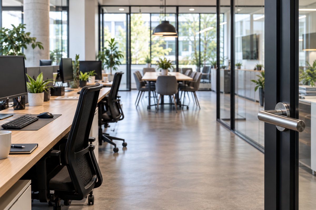 Modernes Büro und Coworking-Bereich mit Arbeitsplätzen und häufig berührten Kontaktflächen