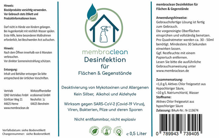 membraclean Desinfektion für Flächen & Gegenstände - 0,5 Liter mit Dosierverschluss - membraclean-shop.de