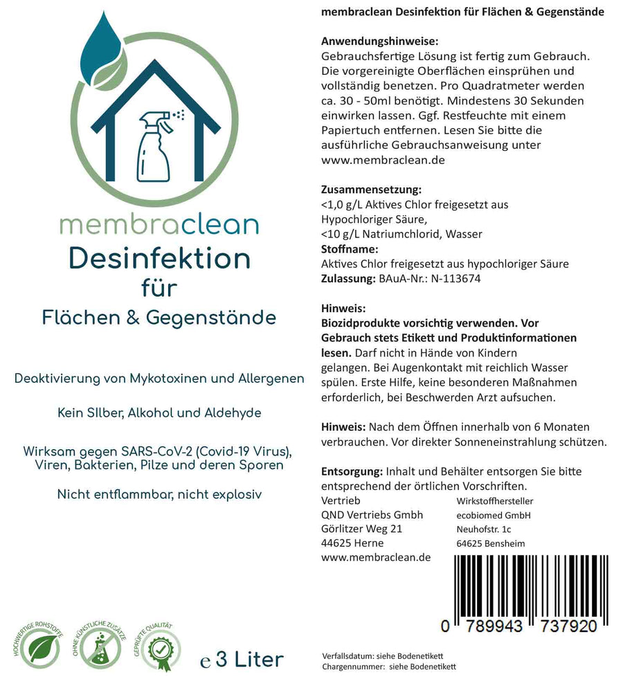 membraclean Desinfektion für Flächen & Gegenstände - 3 Liter - membraclean-shop.de