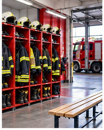 Feuerwehrgerätehaus mit Schutzkleidung, Fahrzeughalle und gemeinsam genutzten Bereichen