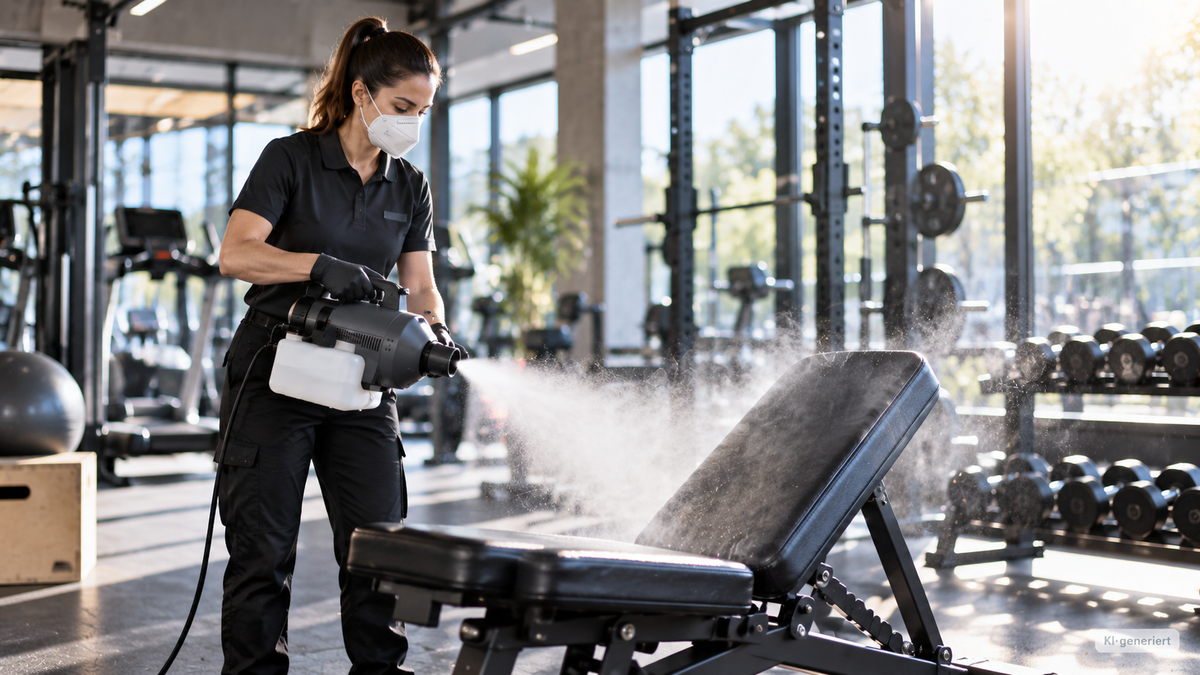 Fachkraft behandelt Trainingsgeräte in einem Fitnessstudio als Beispiel für professionelle Flächenhygiene