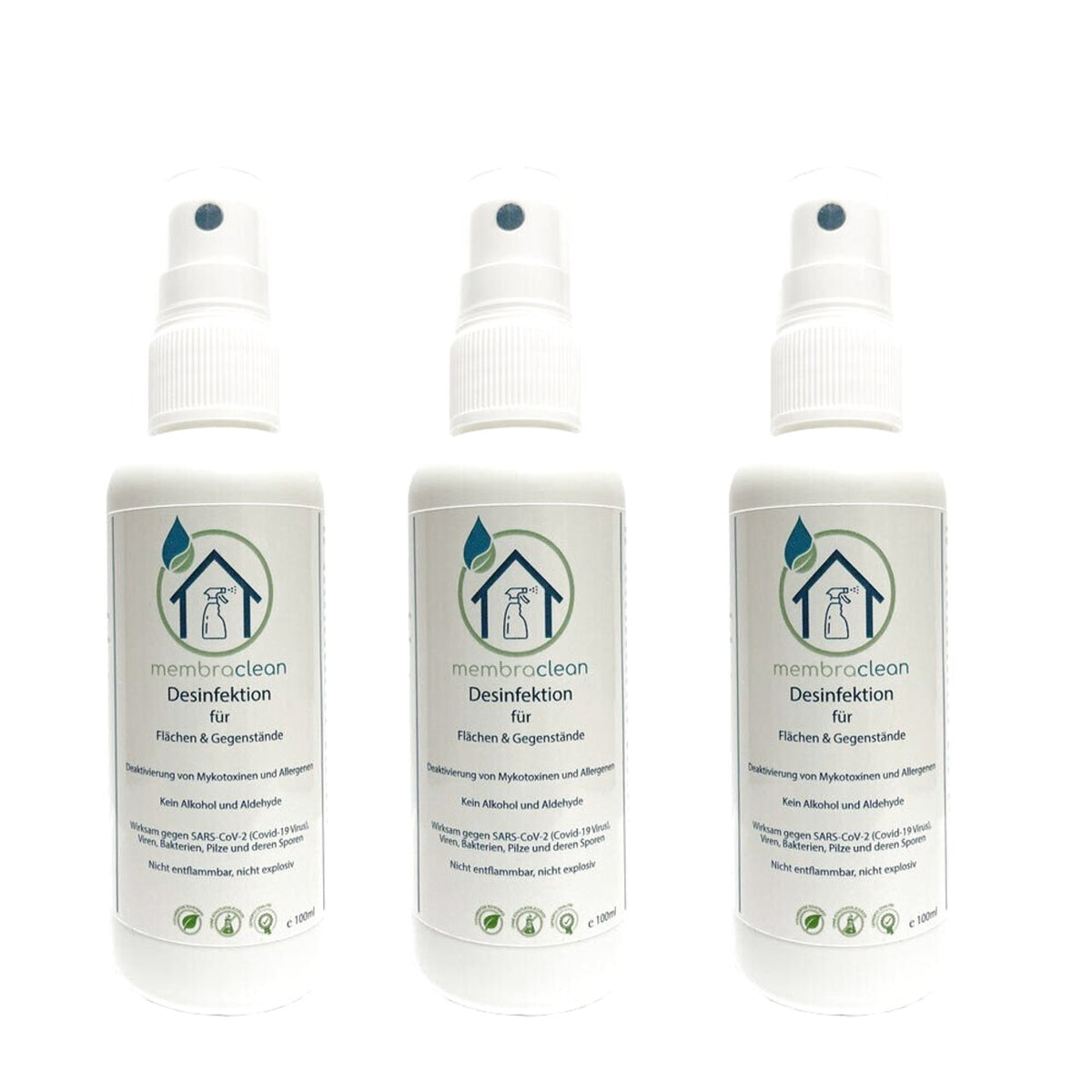 3 × 100 ml membraclean Desinfektion für Flächen & Gegenstände im Zerstäuber