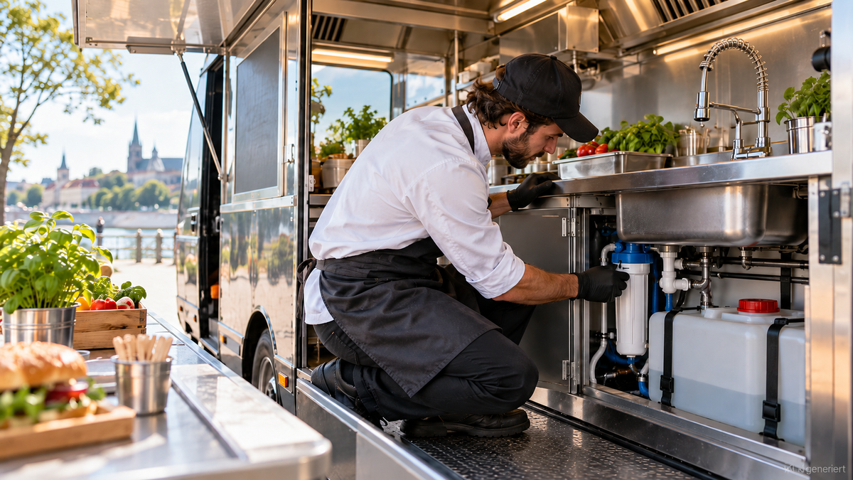 Mitarbeiter kontrolliert das Trinkwassersystem eines Foodtrucks in einer mobilen Gastronomie