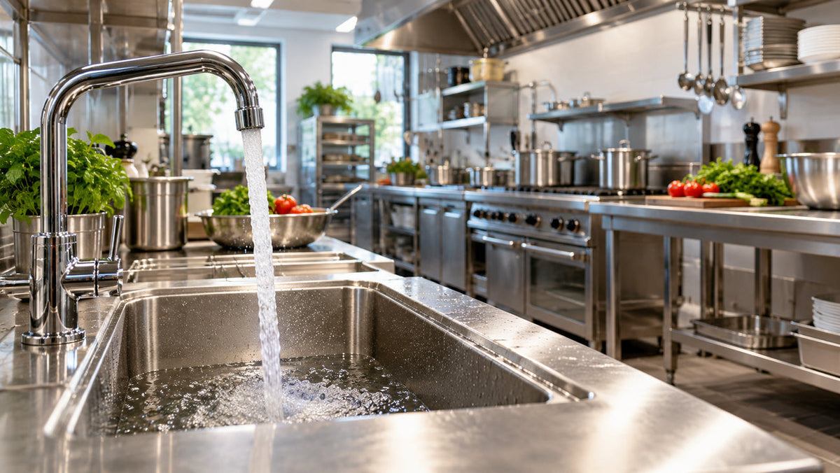 Gewerbliche Küche mit laufendem Trinkwasserhahn und hygienisch sauberem Spülbereich