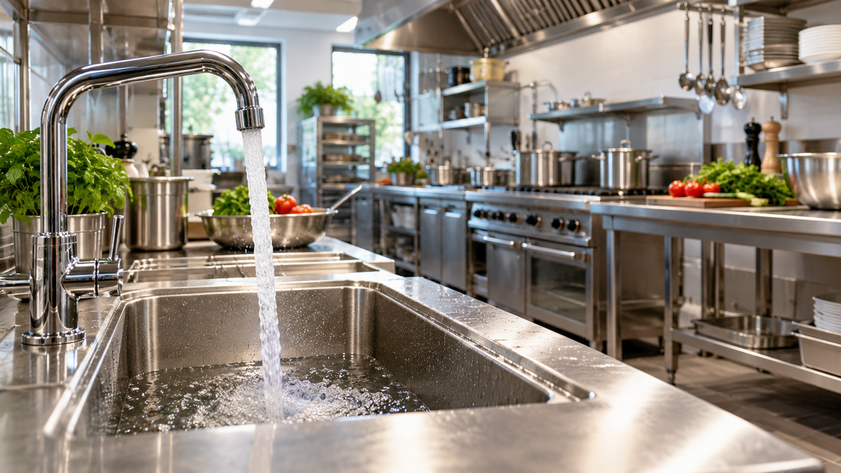 Gewerbliche Küche mit laufendem Trinkwasserhahn und hygienisch sauberem Spülbereich